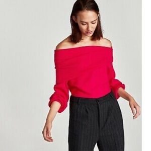 Zara knit Hot Pink Ribbed Bandeau Sweater Off the Shoulder